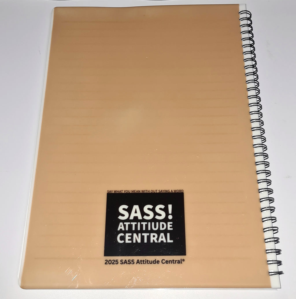 Notebook with 'SASS! Attitude Central' logo on a white background