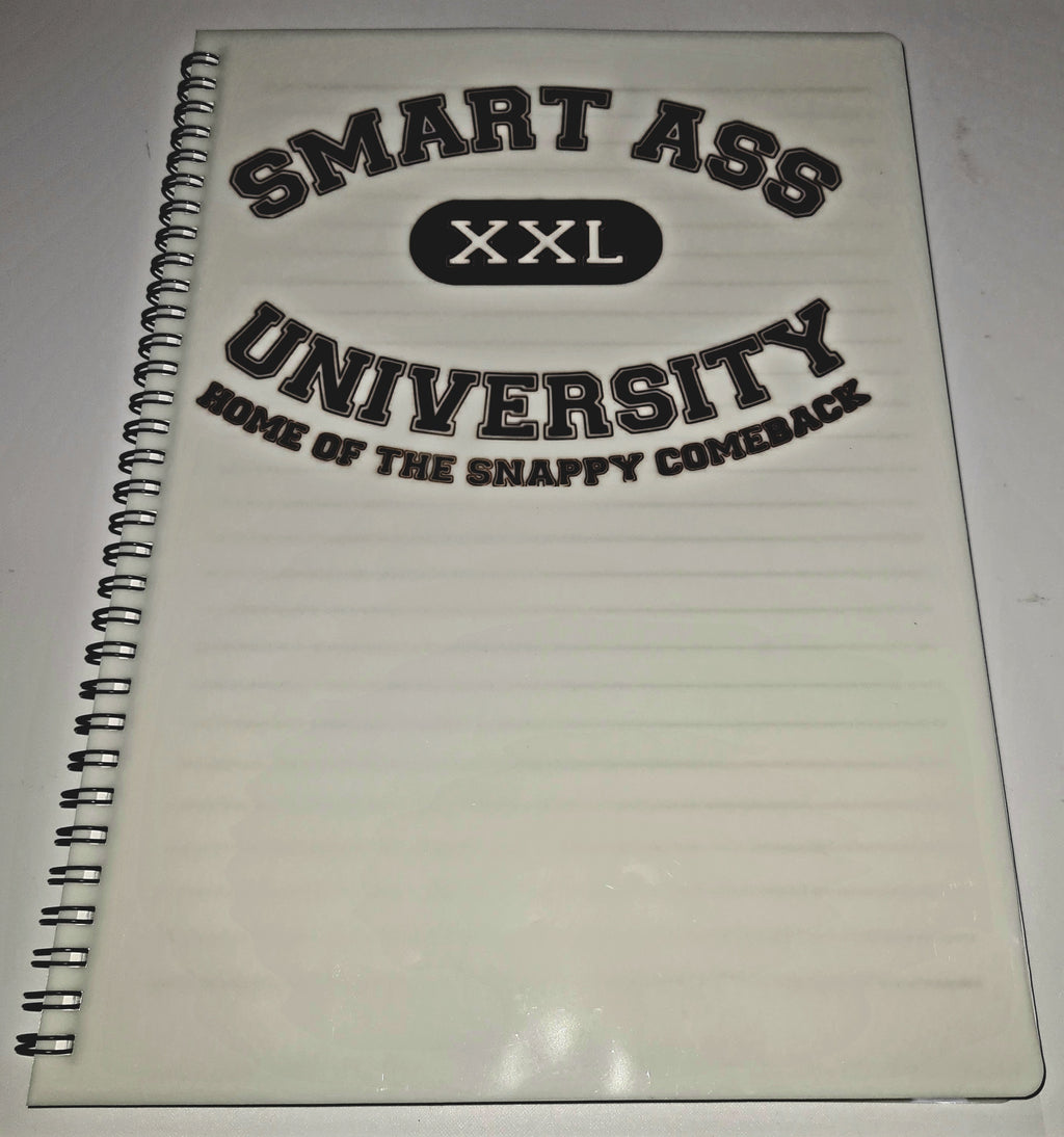 Notebook with 'Smart Ass University' text on a white background