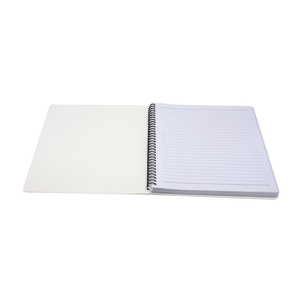 Open notebook with lined pages on a white background
